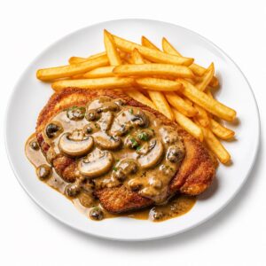 Jägerschnitzel mit Pommes